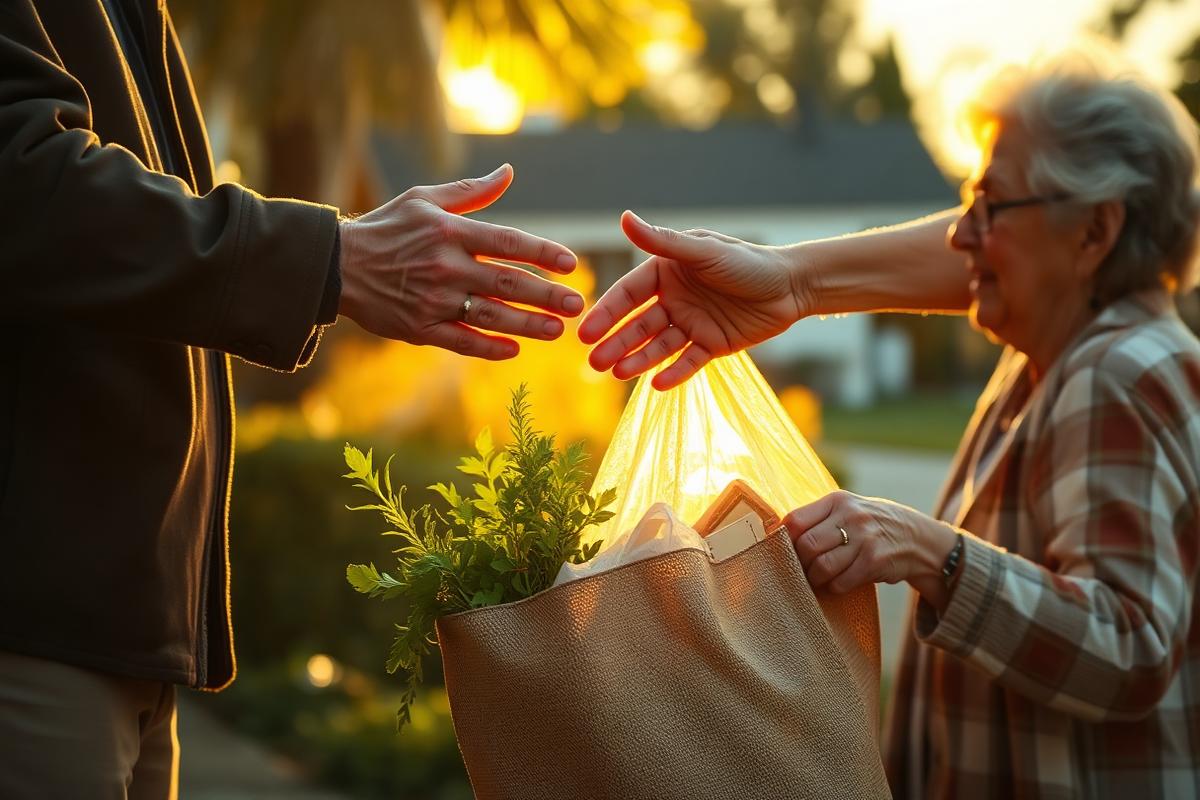 A neighbor handing off a bag of groceries at golden hour