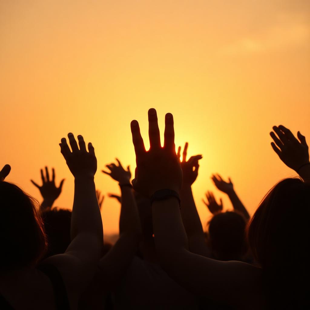 Hands raised together at sunset
